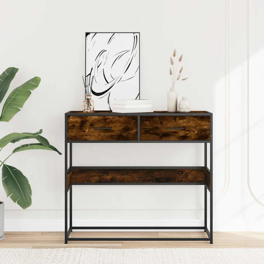 Table console chêne fumé 90x35x80 cm bois d'ingénierie - 3