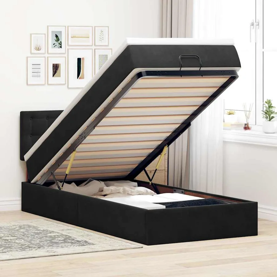 Cadre de lit ottoman avec matelas noir 90x200 cm velours