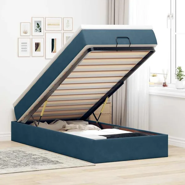 Cadre de lit ottoman avec matelas bleu foncé 90x200 cm velours