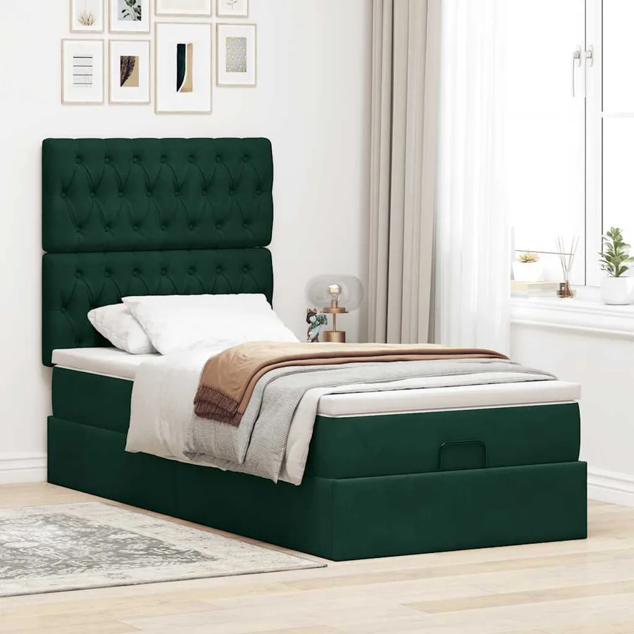 Cadre de lit ottoman avec matelas vert foncé 100x200 cm velours - 3
