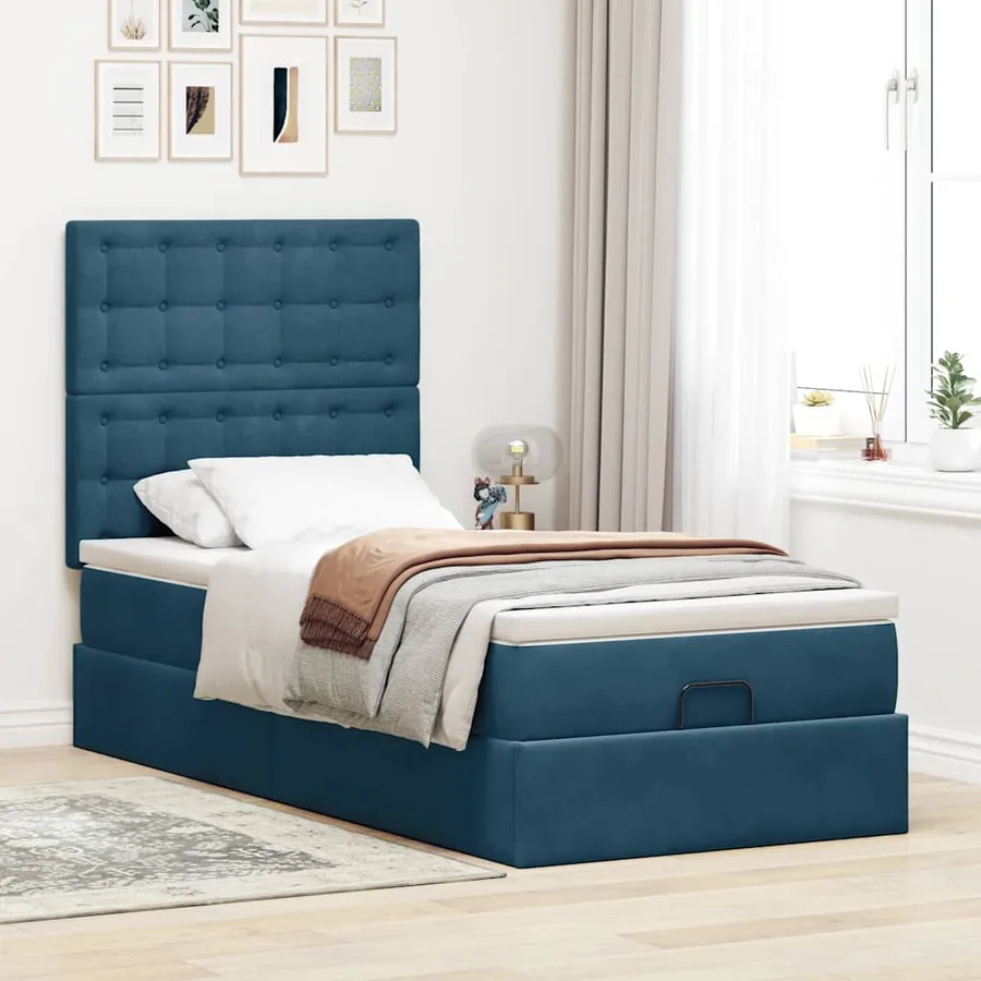 Cadre de lit ottoman avec matelas bleu foncé 90x200 cm velours - 3