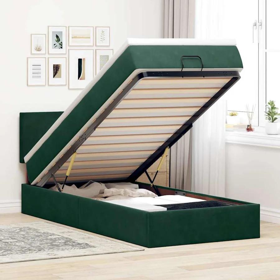 Cadre de lit ottoman avec matelas vert foncé 100x200 cm velours
