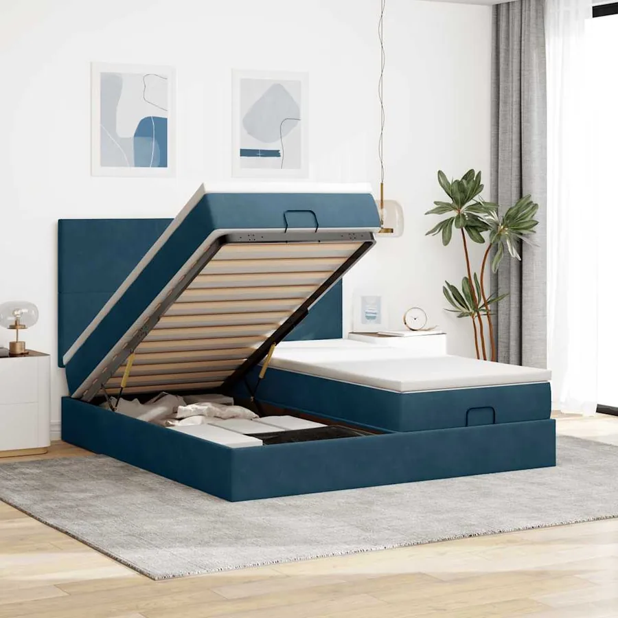 Cadre de lit ottoman avec matelas bleu foncé 180x200 cm velours