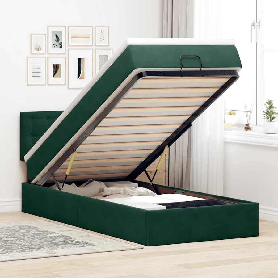Cadre de lit ottoman avec matelas vert foncé 100x200 cm velours