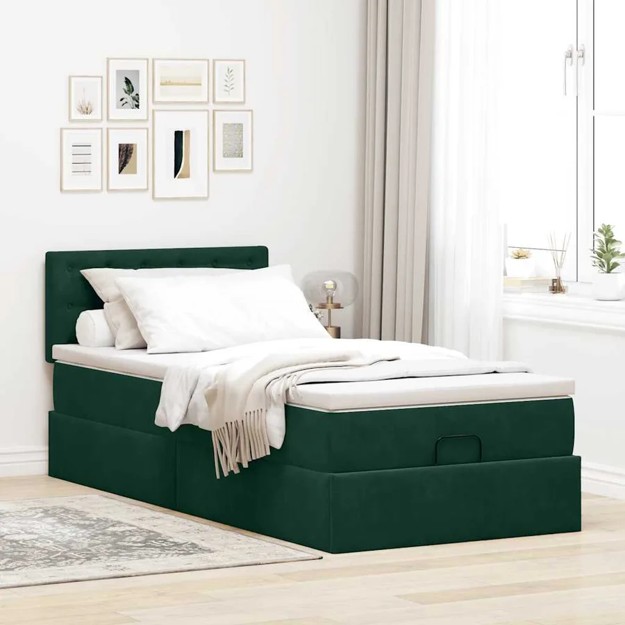 Cadre de lit ottoman avec matelas vert foncé 100x200 cm velours - 3
