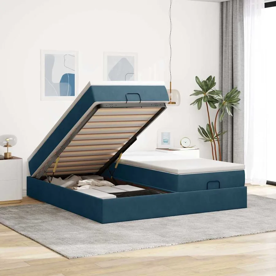 Cadre de lit ottoman avec matelas bleu foncé 200x200 cm velours