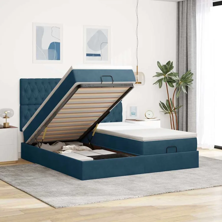 Cadre de lit ottoman avec matelas bleu foncé 200x200 cm velours