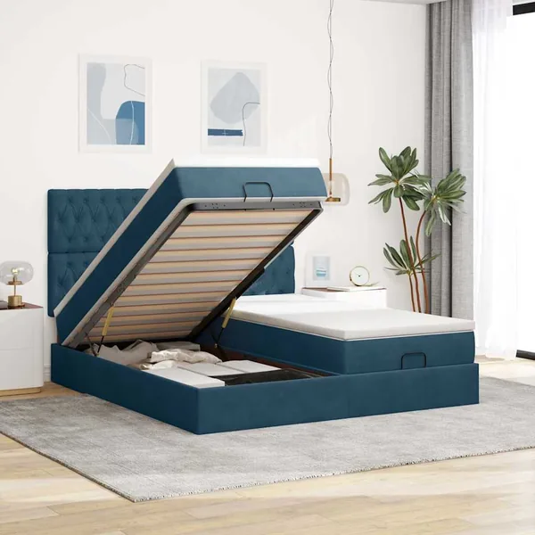 Cadre de lit ottoman avec matelas bleu foncé 200x200 cm velours