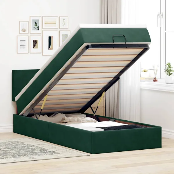 Cadre de lit ottoman avec matelas vert foncé 90x200 cm velours