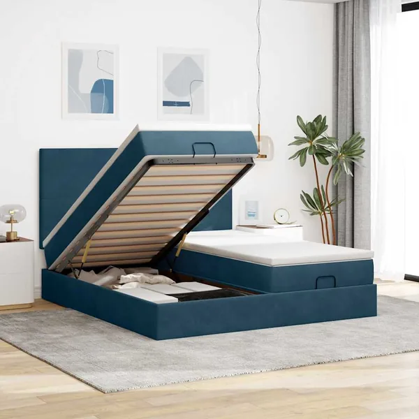 Cadre de lit ottoman avec matelas bleu foncé 200x200 cm velours