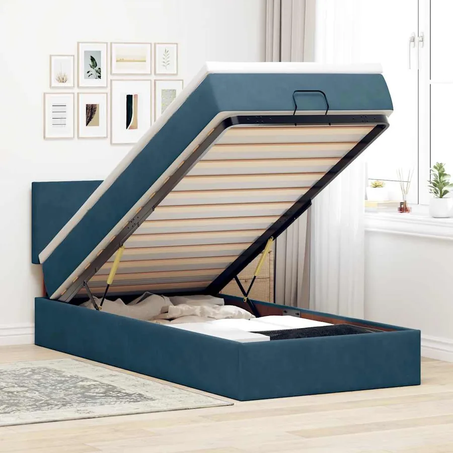 Cadre de lit ottoman avec matelas bleu foncé 100x200 cm velours