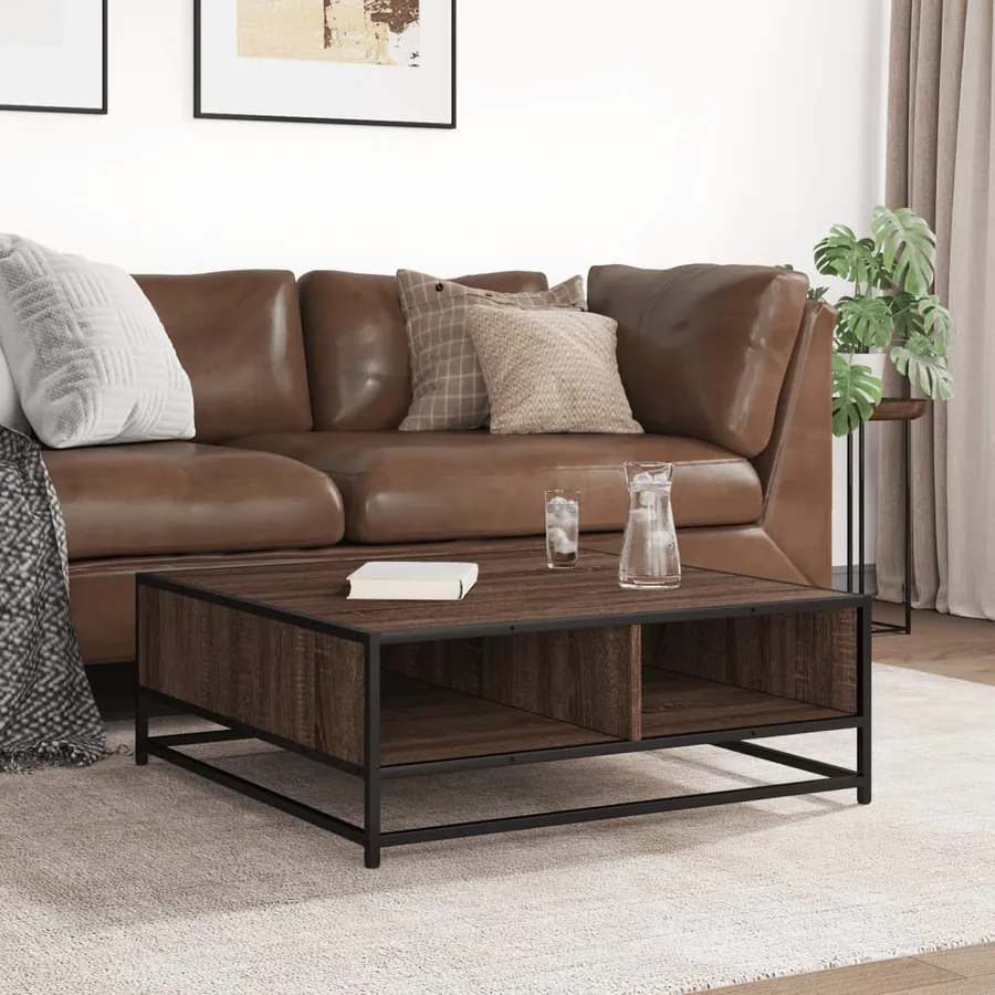 Table basse chêne marron 80x80x30 cm bois d'ingénierie et métal - 3
