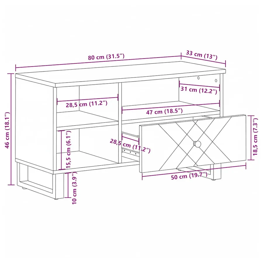 Meuble TV noir 80x33x46 cm bois massif de manguier - 12