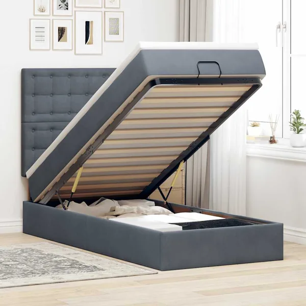 Cadre de lit ottoman avec matelas gris foncé 90x190 cm velours