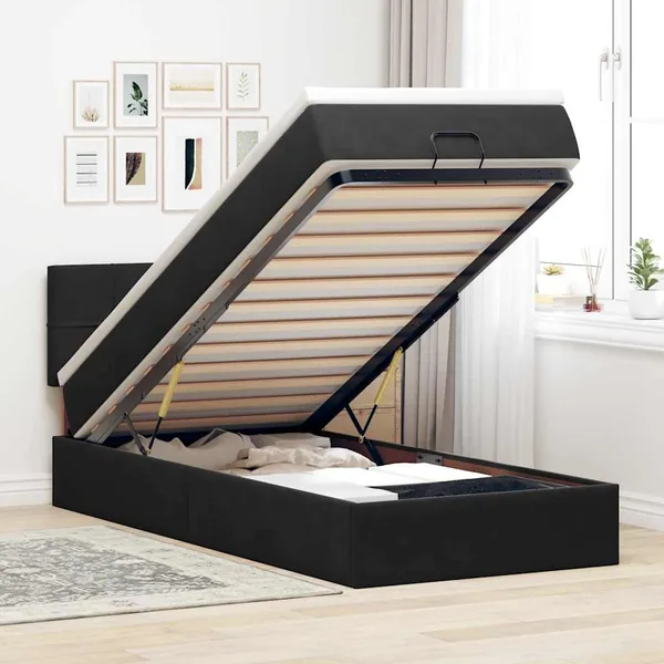 Cadre de lit ottoman avec matelas noir 90x190 cm velours