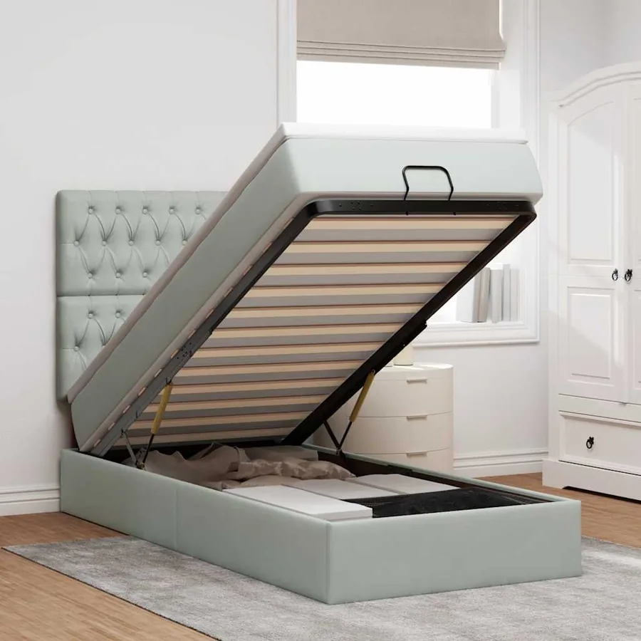 Cadre de lit ottoman et matelas gris clair 90x190 cm velours