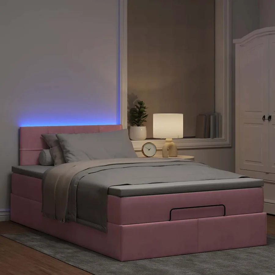 Lit ottoman avec matelas et LED rose 120x190 cm velours - 3