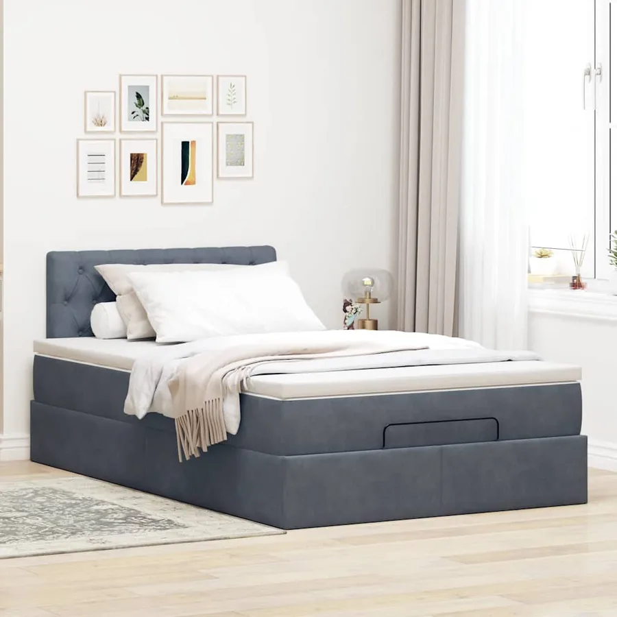 Lit ottoman avec matelas gris foncé 120x190 cm velours - 3