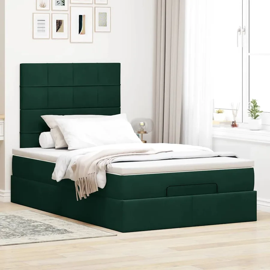 Cadre de lit ottoman avec matelas vert foncé 120x190 cm velours - 4