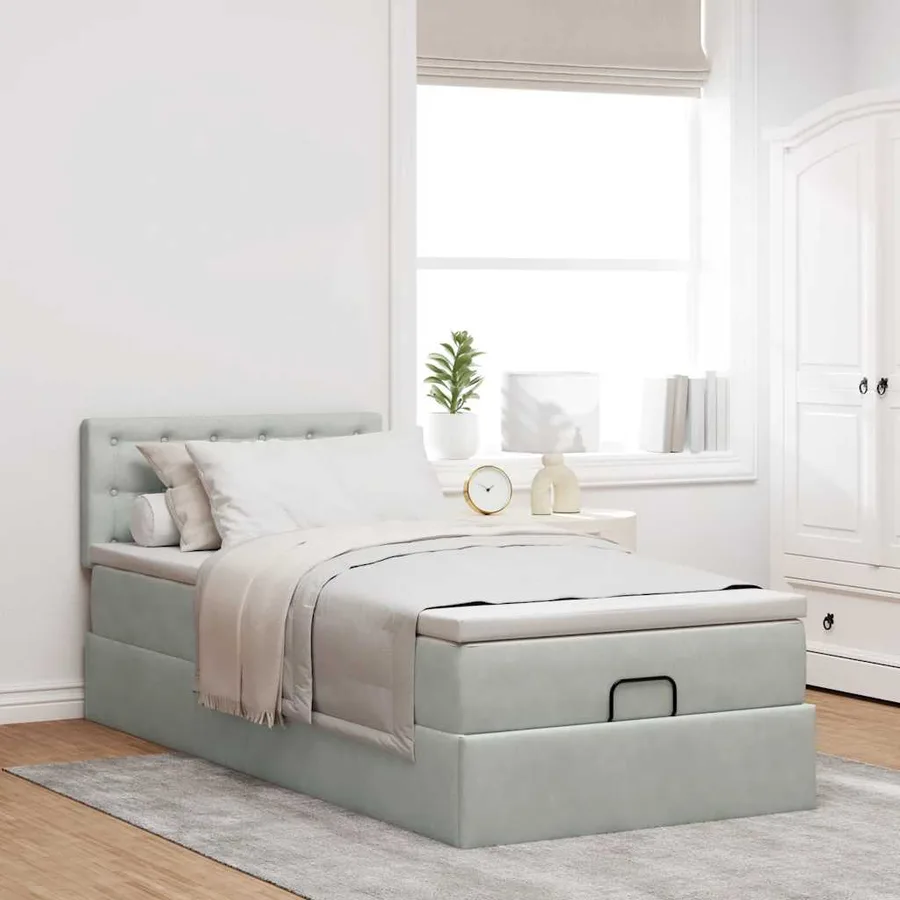 Cadre de lit ottoman et matelas gris clair 90x200 cm velours - 3