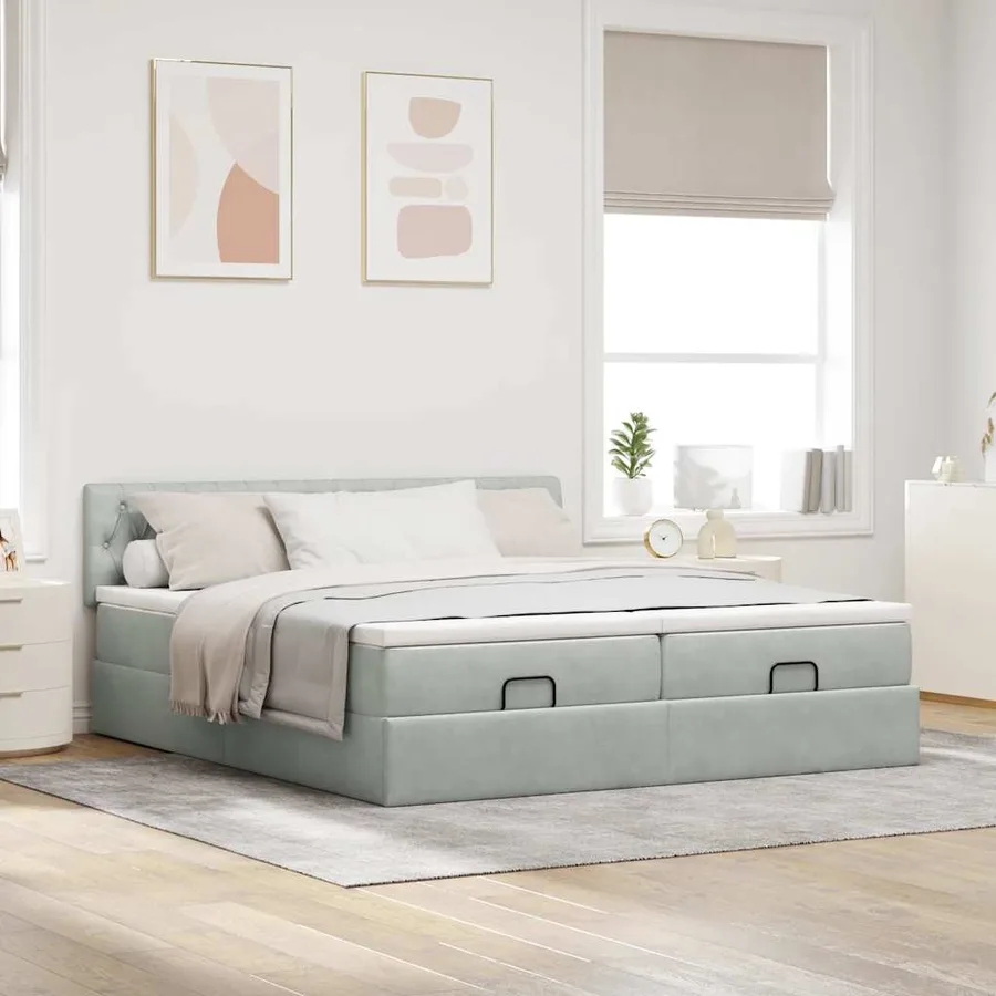 Cadre de lit ottoman et matelas gris clair 180x200cm velours - 3