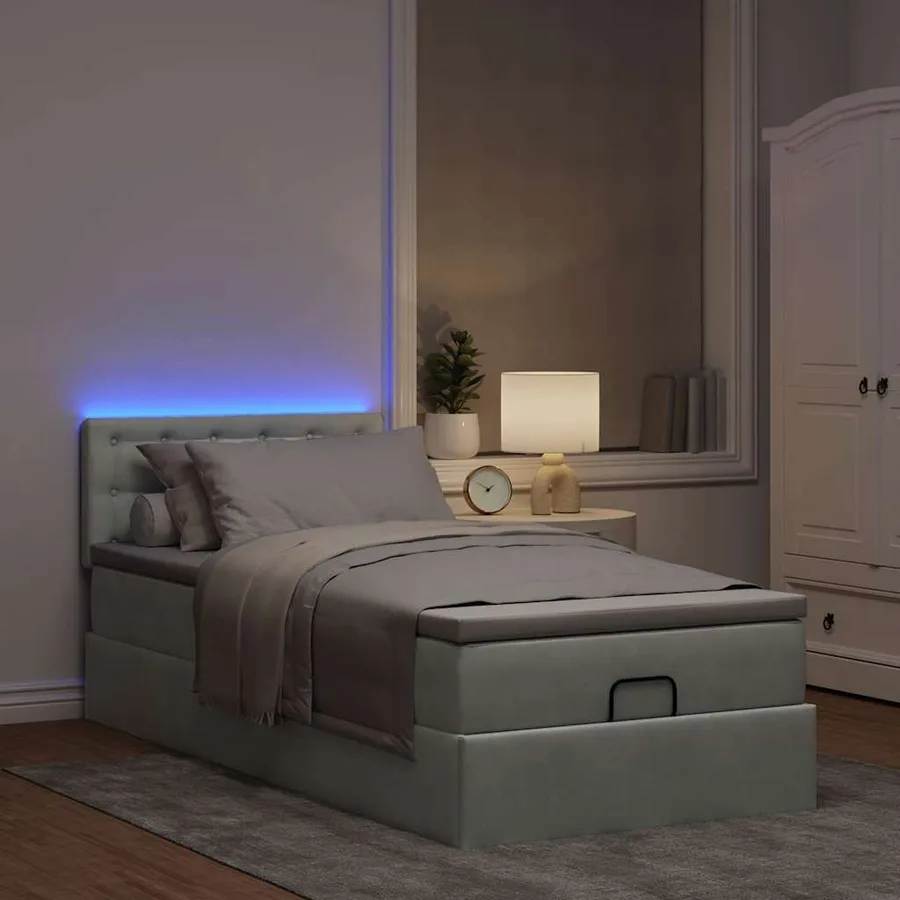 Cadre de lit ottoman et matelas gris clair 90x200 cm velours - 3