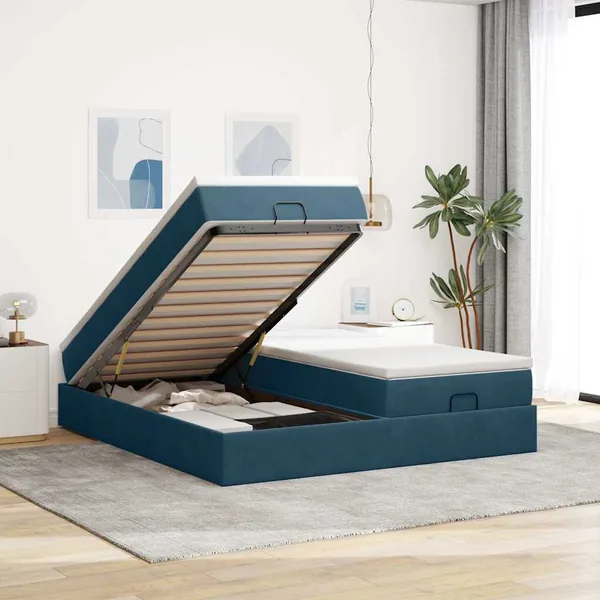 Cadre de lit ottoman avec matelas bleu foncé 160x200 cm velours