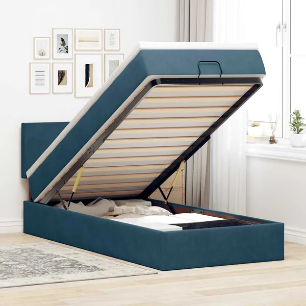 Cadre de lit ottoman avec matelas bleu foncé 80x200 cm velours