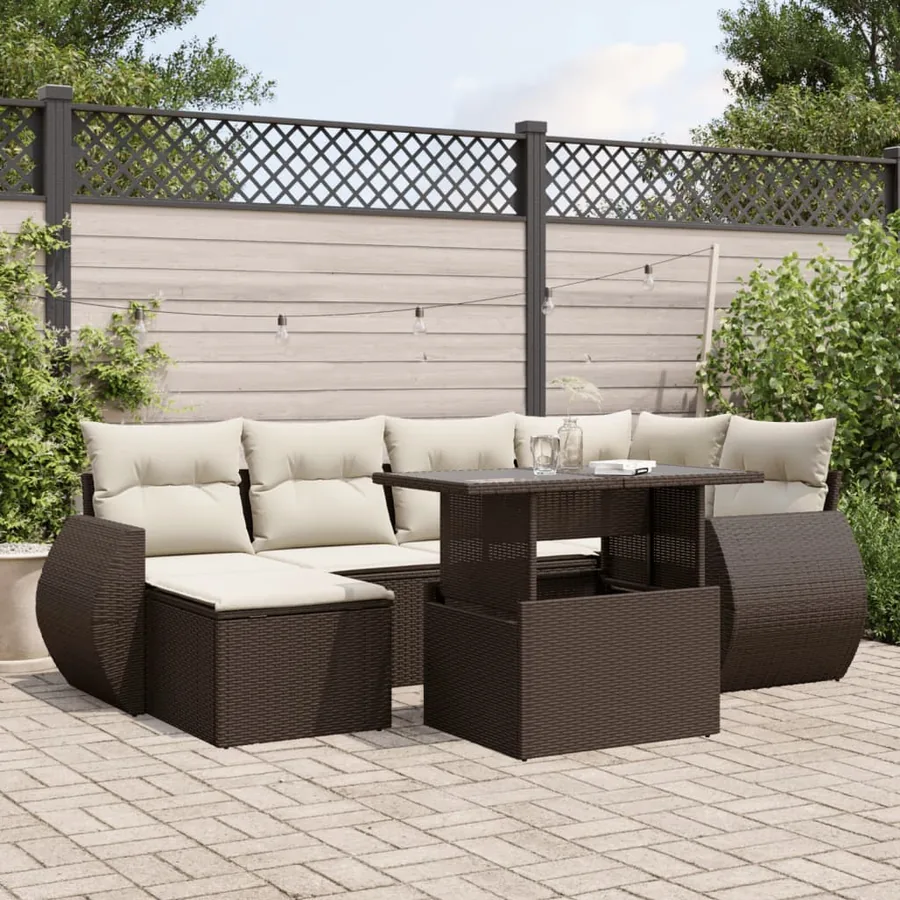 Salon de jardin avec coussins 7 pcs marron résine tressée