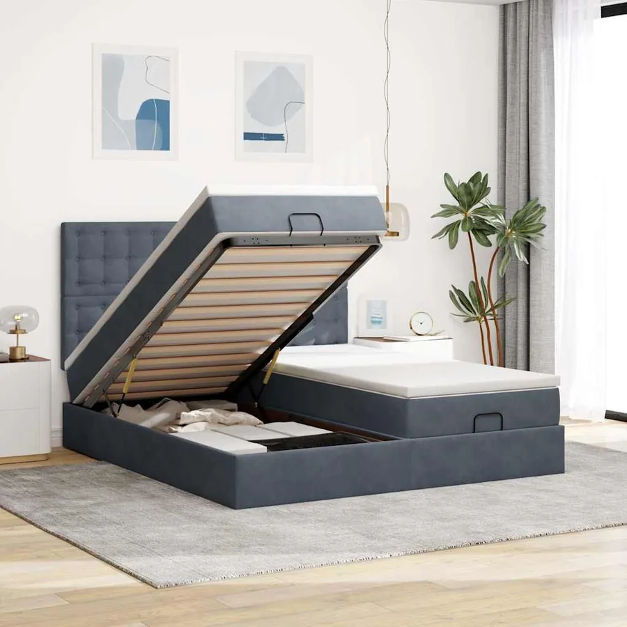 Cadre de lit ottoman avec matelas gris foncé 180x200cm velours
