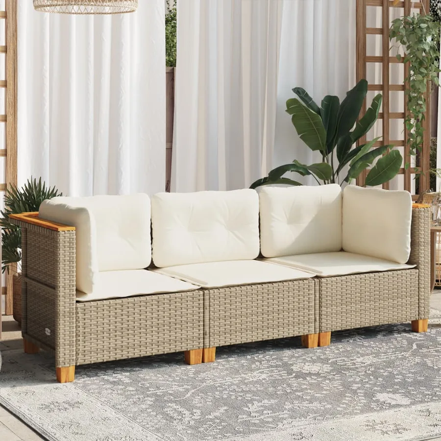 Canapé de jardin avec coussins 3 places beige résine tressée - 3