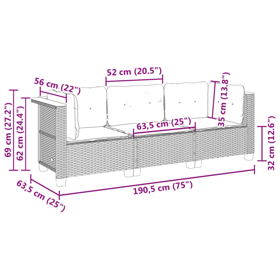 Canapé de jardin avec coussins 3 places beige résine tressée - 8