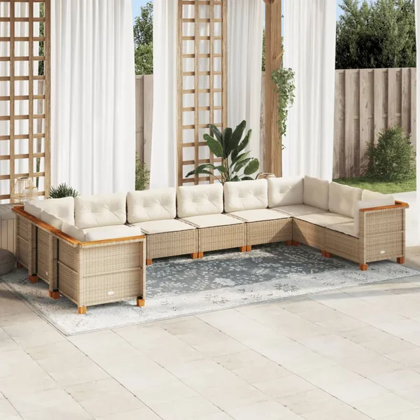 Salon de jardin avec coussins 10 pcs beige résine tressée