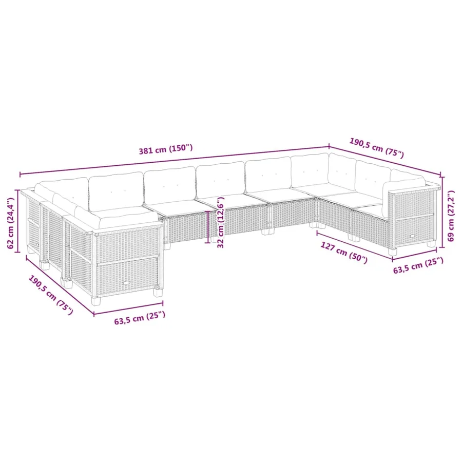 Salon de jardin avec coussins 10 pcs beige résine tressée - 6