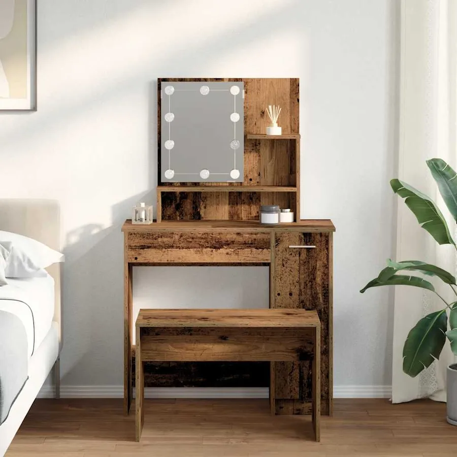 Ensemble de coiffeuse avec LED vieux bois bois d'ingénierie - 3