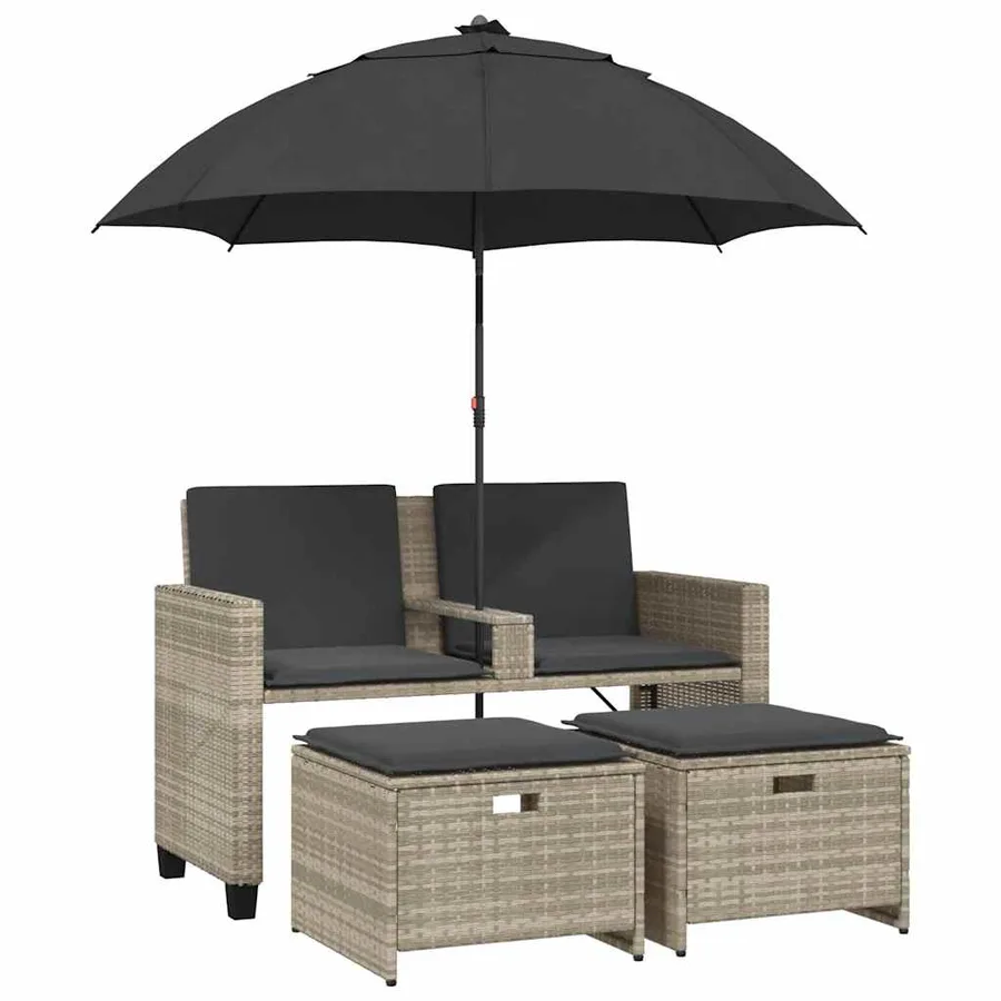 Canapé de jardin 2 places et parasol tabourets gris clair rotin - 2