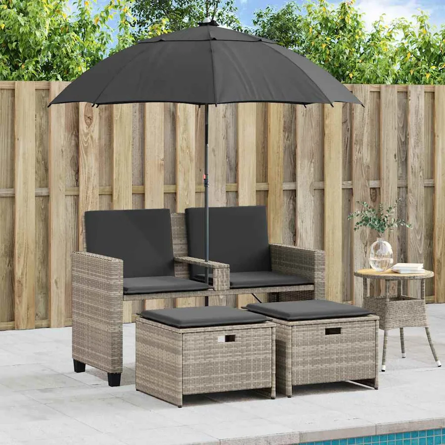 Canapé de jardin 2 places et parasol tabourets gris clair rotin - 3