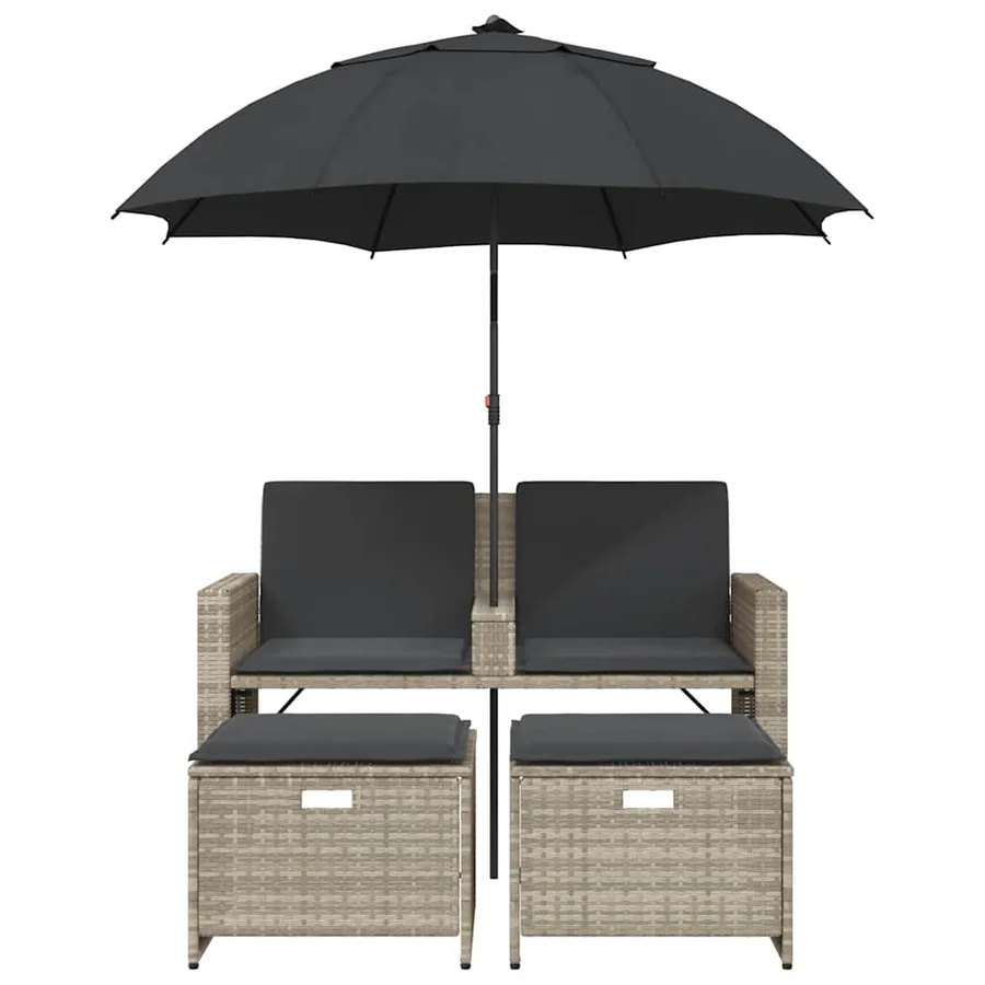 Canapé de jardin 2 places et parasol tabourets gris clair rotin - 4