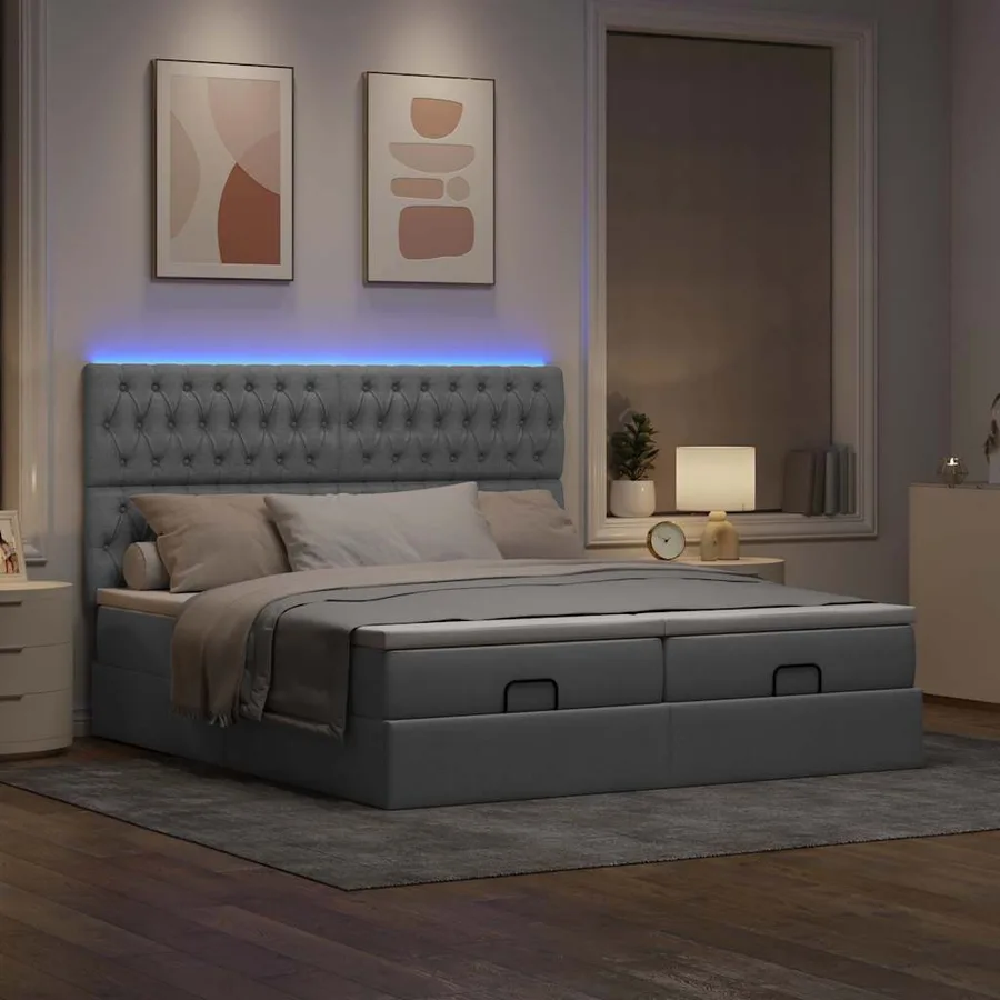 Cadre de lit ottoman et matelas gris clair 160x200cm tissu - 3