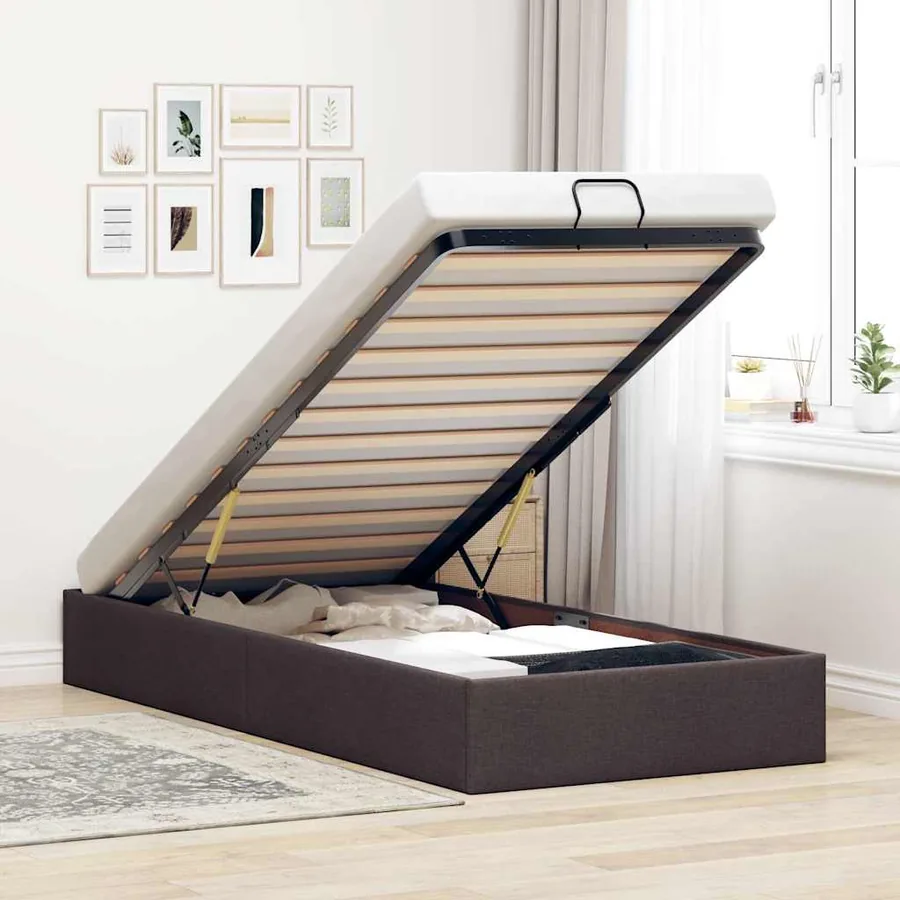 Cadre de lit ottoman sans matelas marron foncé 90x190 cm tissu