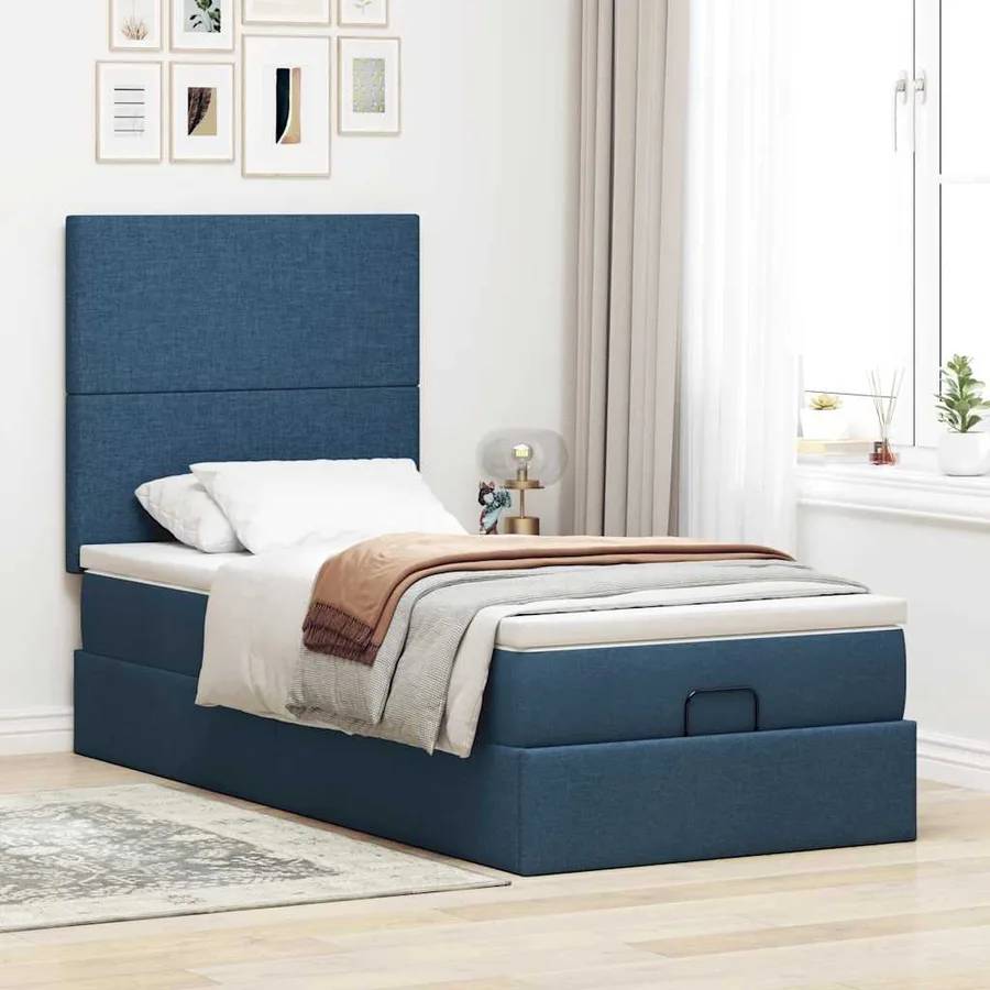 Cadre de lit ottoman avec matelas bleu 90x190 cm tissu - 3