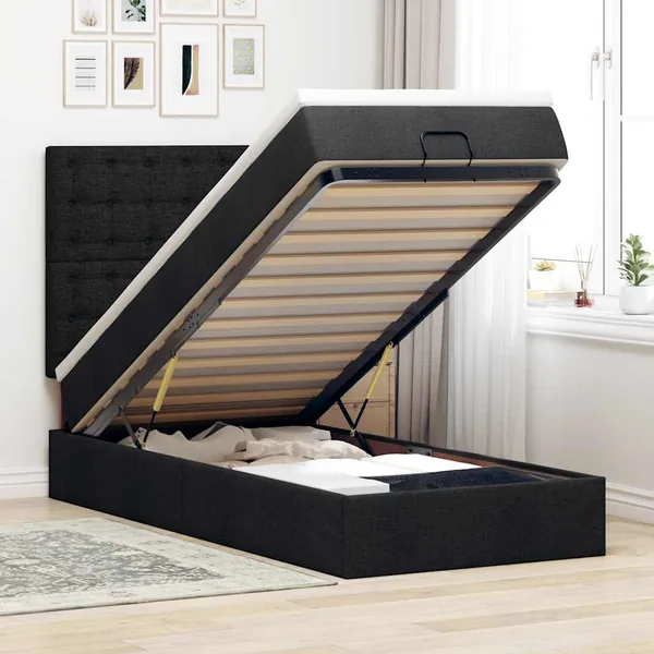 Cadre de lit ottoman avec matelas noir 90x190 cm tissu