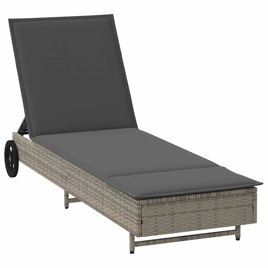 Chaise longue avec roues et coussin gris résine tressée - 2