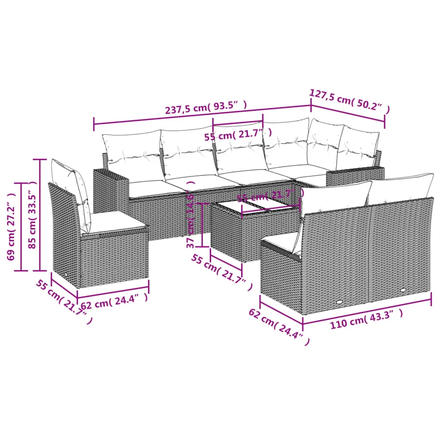Salon de jardin avec coussins 9 pcs marron résine tressée - 3
