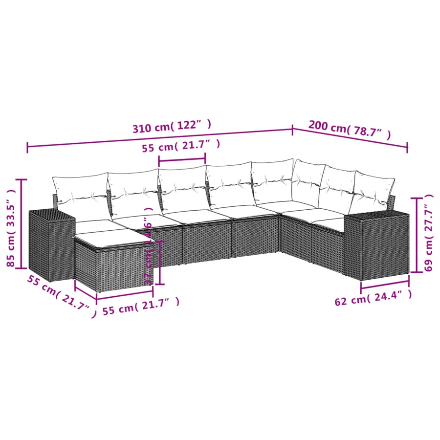 Salon de jardin 8 pcs avec coussins marron résine tressée - 3