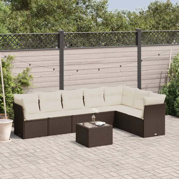 Salon de jardin 8 pcs avec coussins marron résine tressée