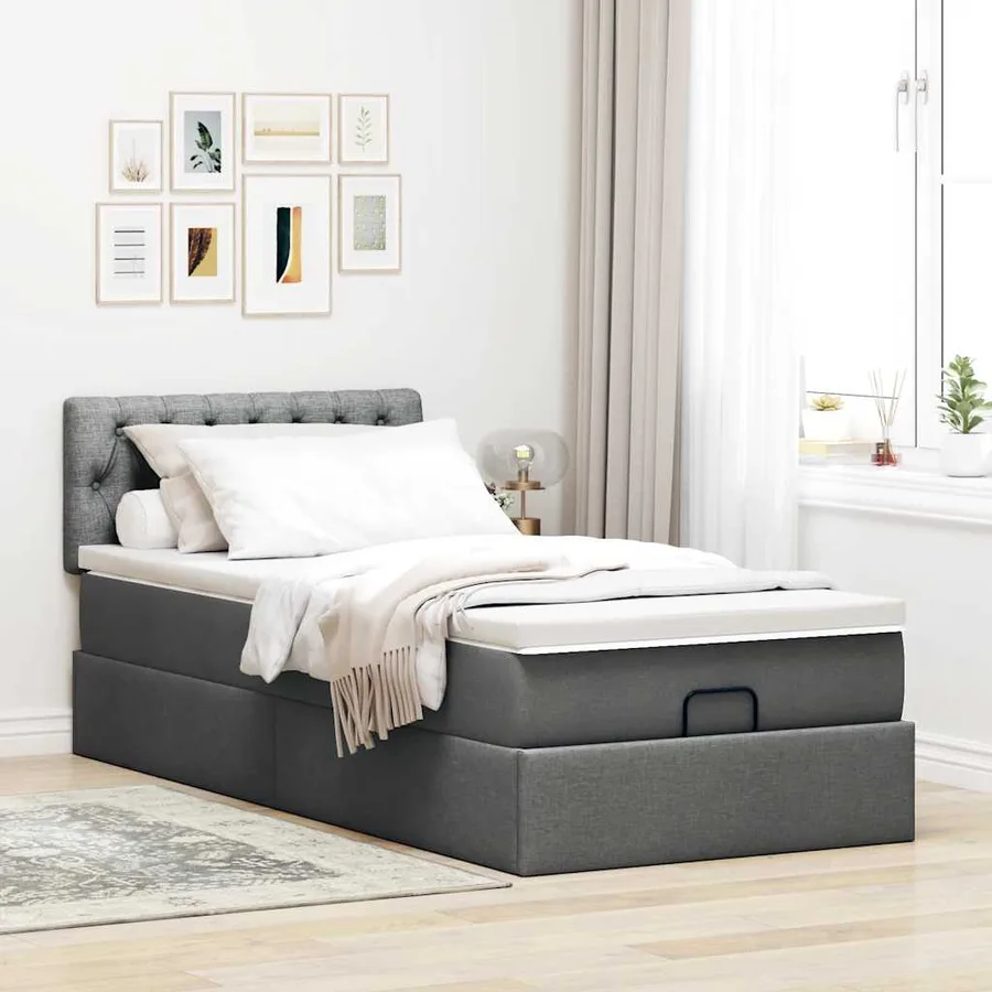 Cadre de lit ottoman avec matelas gris foncé 90x190 cm tissu - 4
