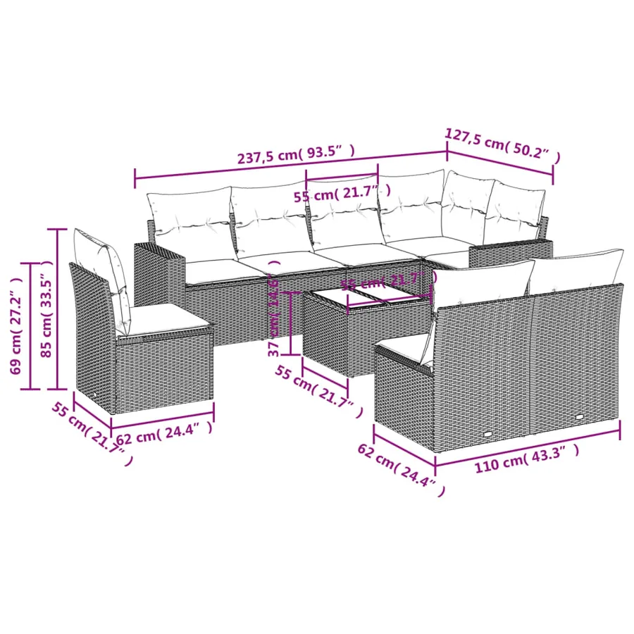 Salon de jardin avec coussins 9 pcs marron résine tressée - 3