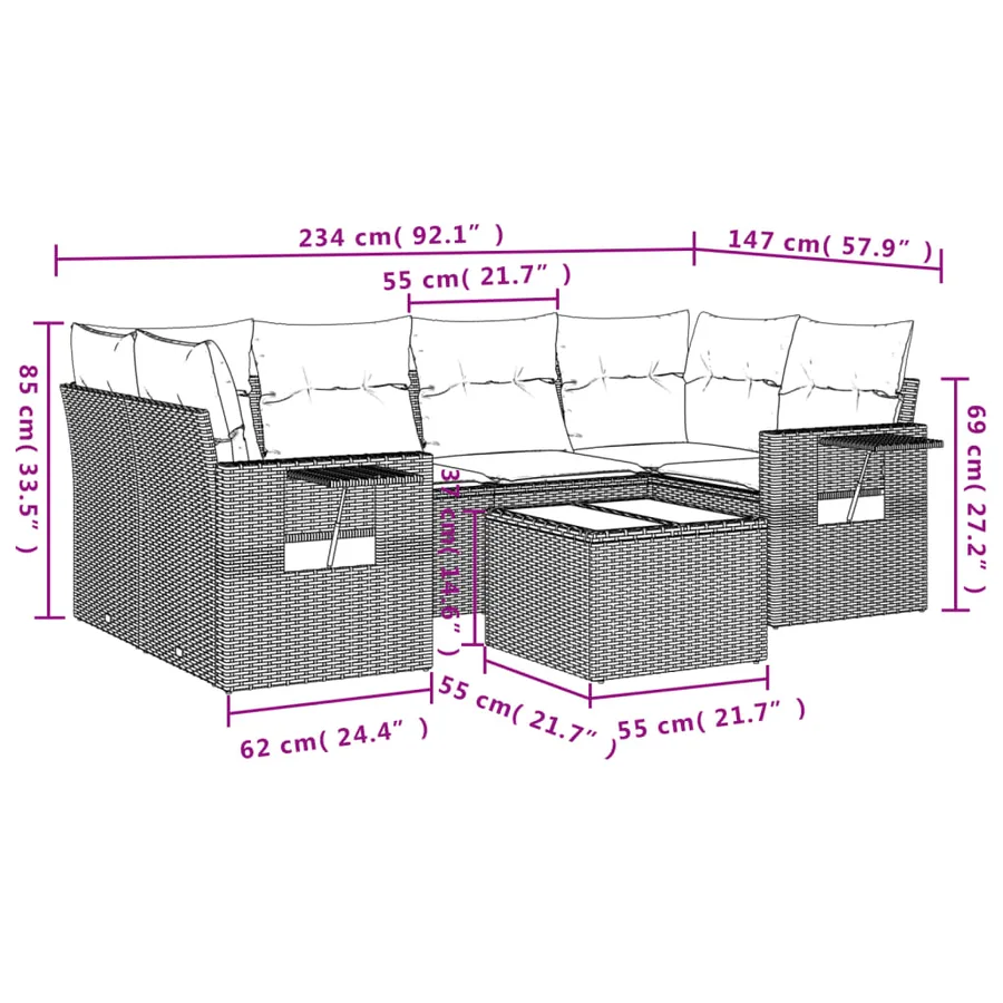 Salon de jardin avec coussins 7 pcs marron résine tressée - 3