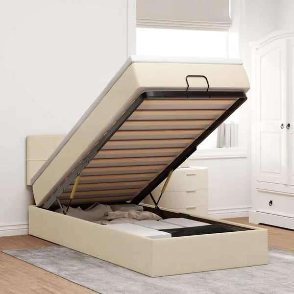 Cadre de lit ottoman avec matelas crème 90x190 cm tissu